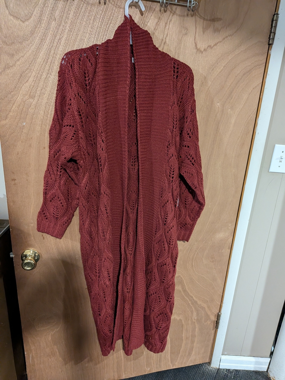 Open-Front Cable Knit Long Cardigan Sweater - Burgundy